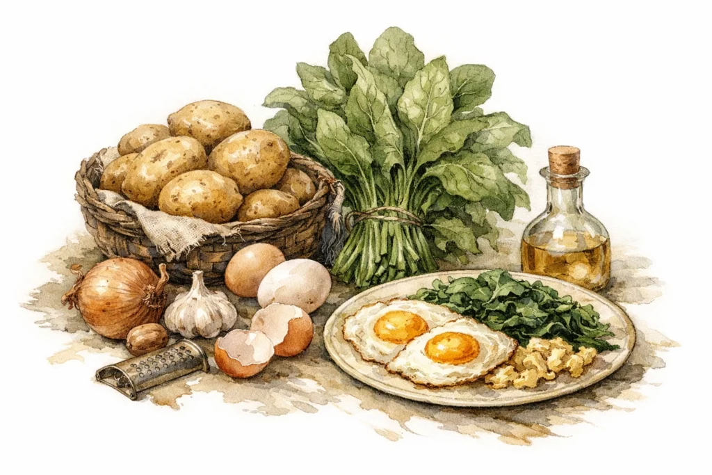 Kartoffeln, frischer Spinat und Eier bieten ein optimales Nährstoffprofil; Spiegeleier auf einem Teller neben Spinat, dazu Zwiebel, Knoblauch und Essig als aromatische Begleiter.