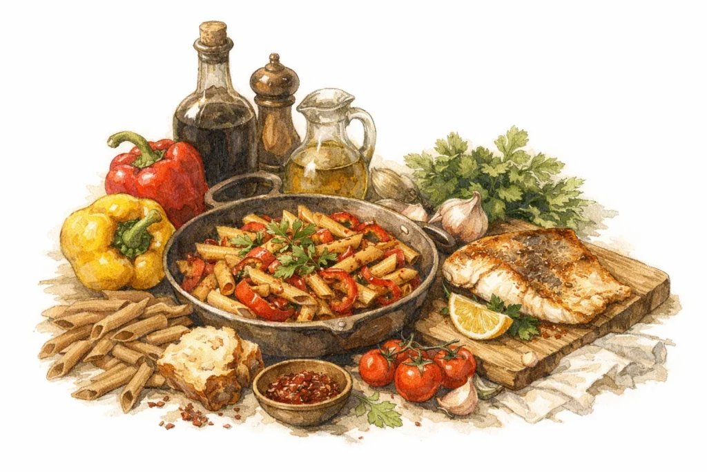 Pfanne mit Vollkornpasta und geschmorter Paprika neben gebratenem Barschfilet, Olivenöl, Balsamico, Knoblauch, Petersilie und Zitrone – nicht nur viel Umami, sondern auch ein Nährstoff-Booster.