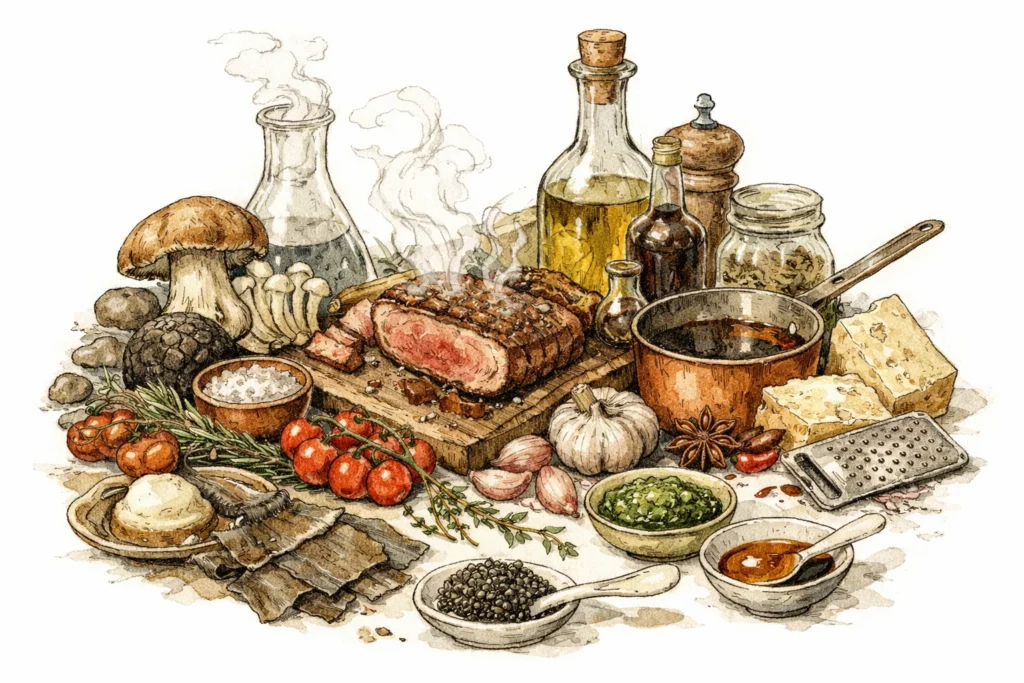 Stillleben mit Fermenten, dunklen Würzsoßen, Pilzen, Knoblauch, Kräutern und Schalen mit Brühe und Paste - Zutaten für Umami, Jus und Konsommé.