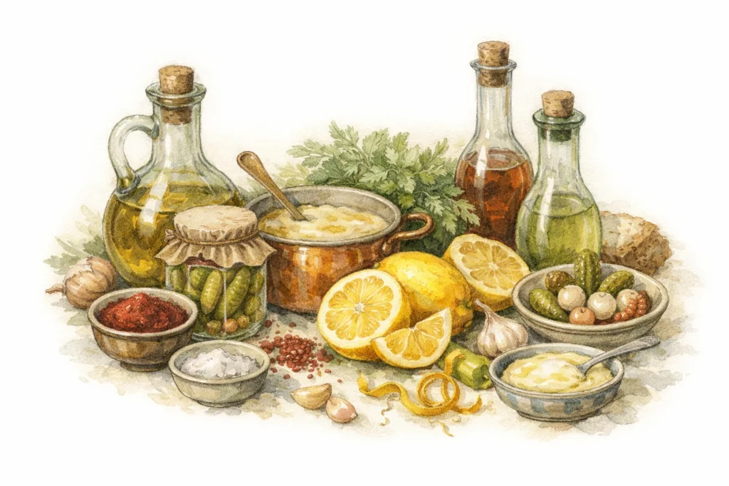 Food Pairing für ein gelungenes Säure-Finish: Zitrone, eingelegte Gurken, Würzsaucen, Linsen, Zwiebeln, Kräuter.