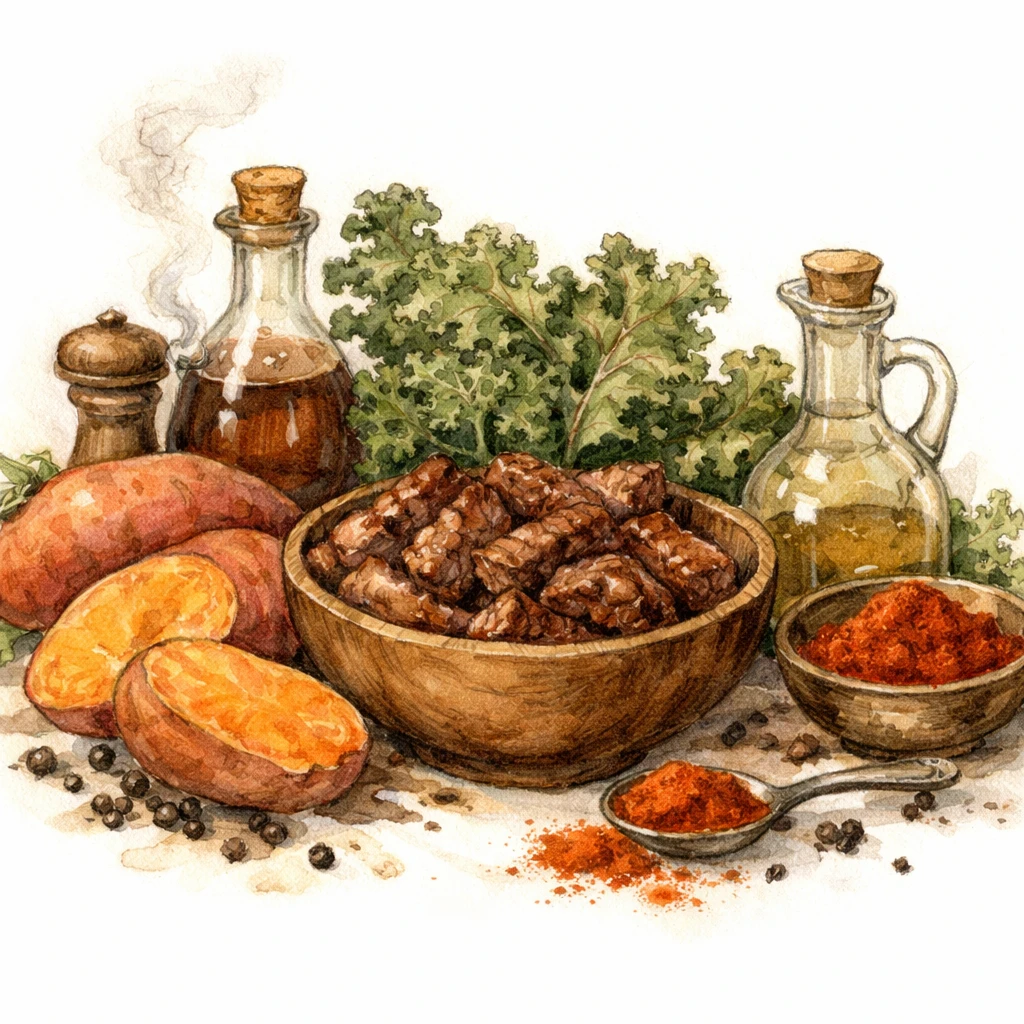 Stillleben mit Süßkartoffeln, Rindfleisch und Grünkohl sowie Paprika, Pfeffer, Öl und Essig als ausgewogene Bowl, nicht nur für die Referenzperson.