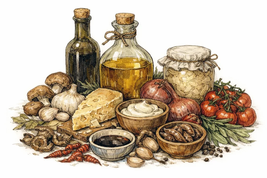 Umami-Booster: Pilze, Knoblauch, Parmesan, Sojasauce, Olivenöl, rote Zwiebeln, Tomaten, Kräuter und Gewürze.