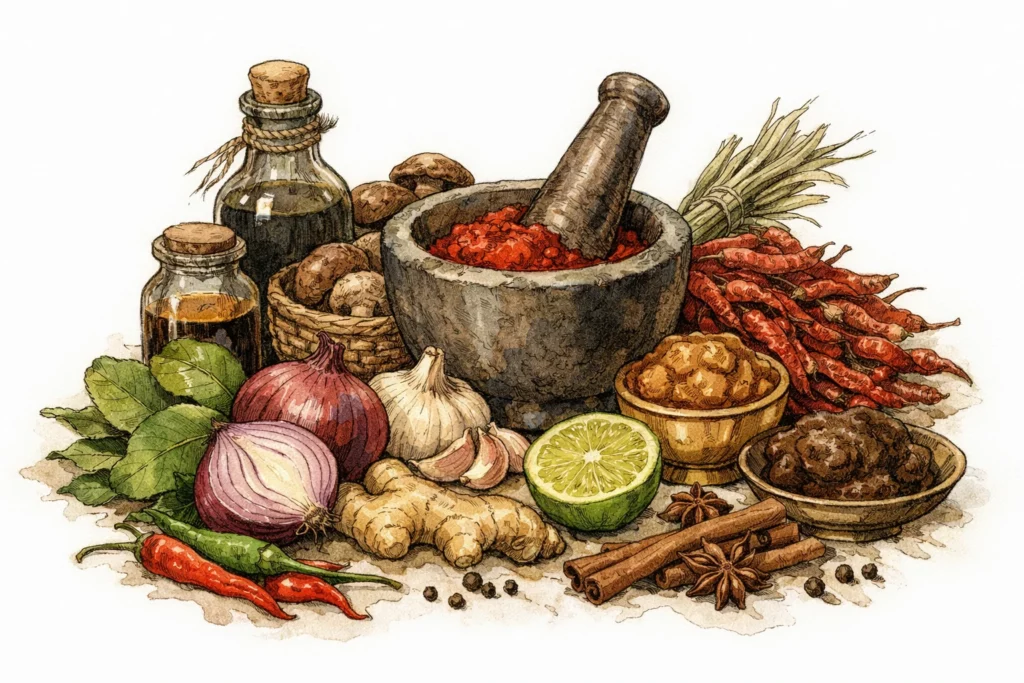 Stillleben mit Steinmörser voll roter Paste, Chili, Knoblauch, Zwiebeln, Ingwer, Limette, Gewürzen und dunklen Umami-Saucen der südasiatischen Küche