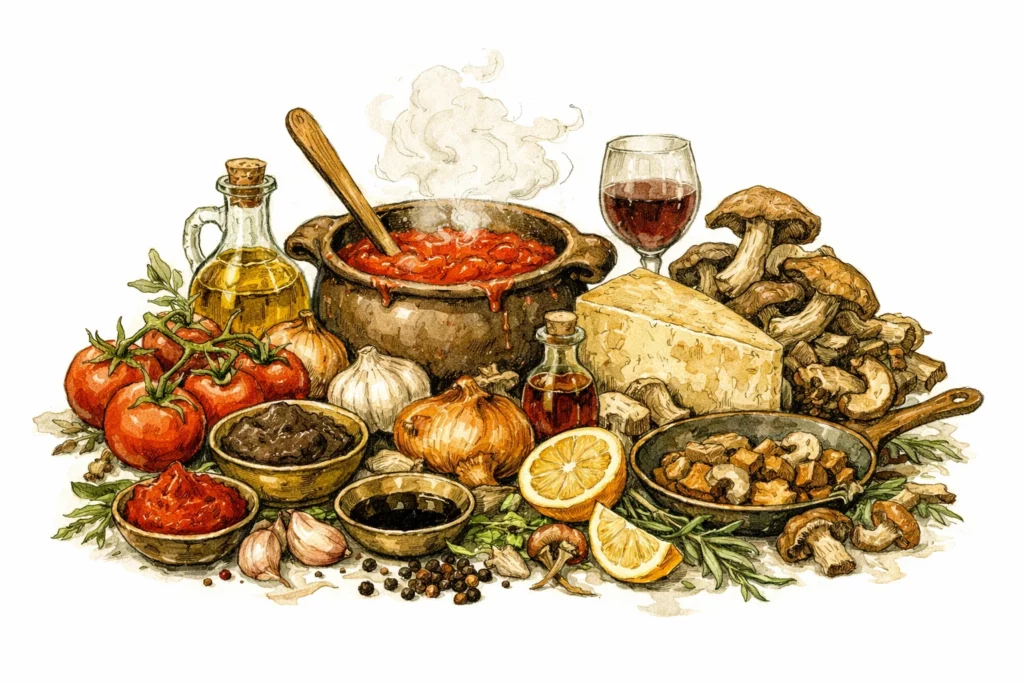 Topf mit eingekochter Tomatensoße, umgeben von Tomaten, Parmesan, Miso, Sojasoße, Pilzen, Zwiebeln, Knoblauch, Olivenöl, Zitrone und Wein 