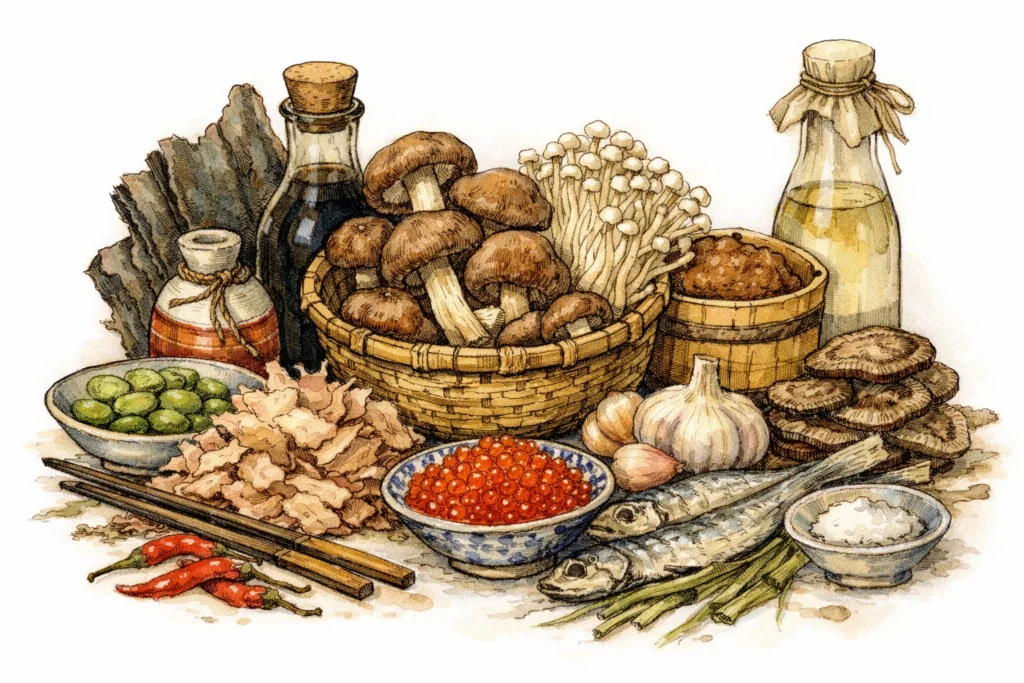 Stillleben mit Umami-Zutaten: Shiitake- und Enoki-Pilze, Sojasauce, Miso, Kombu, Bonitoflocken, Lachsrogen, Edamame, Knoblauch und Frühlingszwiebeln.