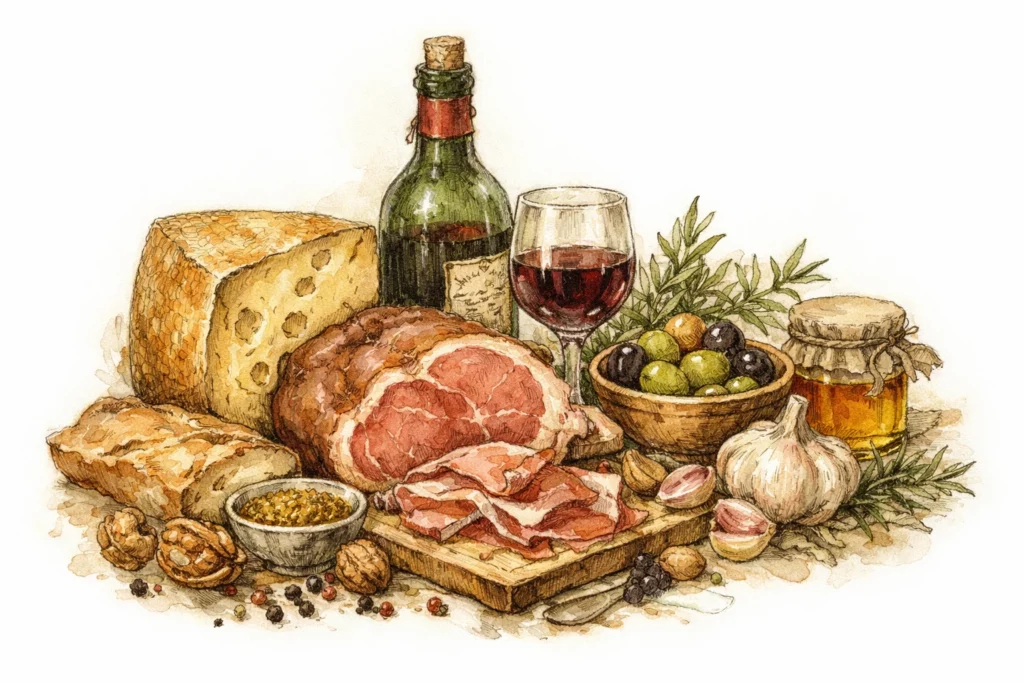 Stilleben mit gereiftem Käse, Schinken, Oliven, Rotwein, Honig, Knoblauch, Nüssen und Gewürzen als Umami-Zutaten