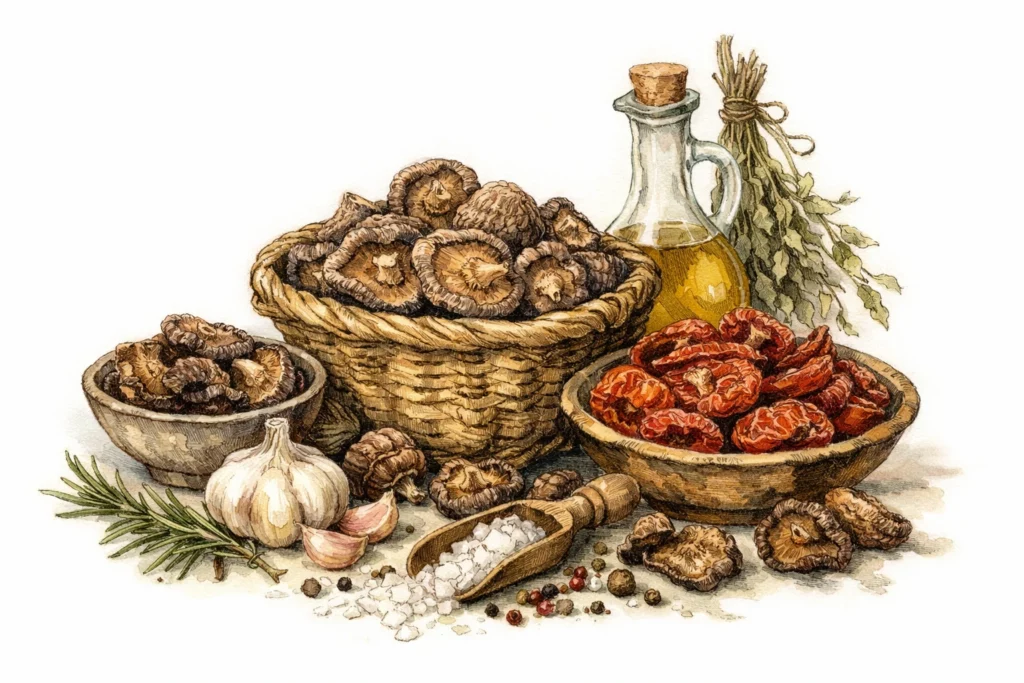 Stilleben mit getrockneten Shiitake und getrockneten Tomaten, Knoblauch, Rosmarin, Salz, Pfeffer und Öl – Zutaten für intensives Umami